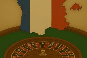An old style image of a green felt table with a roulette wheel in the middle and a map of France in the french colours above the wheel
