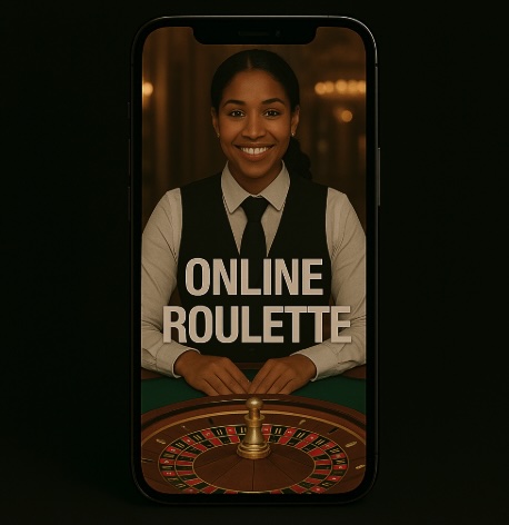An image of a female croupier standing behind a roulette wheel in a casino setting with white text saying ONLINE ROULETTE in the centre