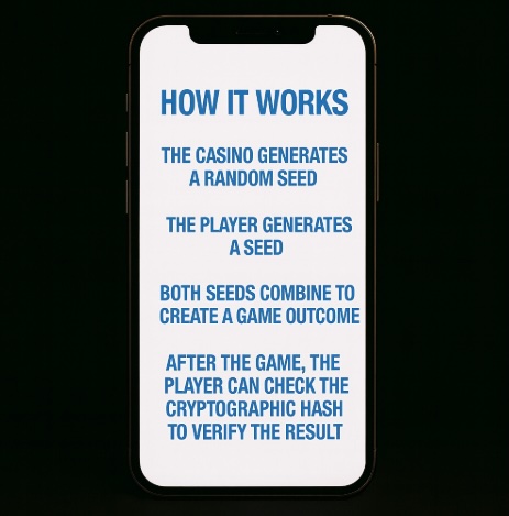 A black background with a mobile phone in the centre, on the white phone screen in blue text it outline how it works
