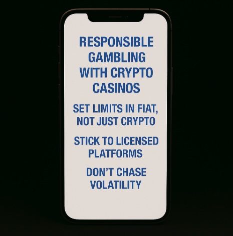 A black background with a mobile phone in the centre, on the white screen it outlines in blue text Responsible Gambling with Crypto Casinos guidelines