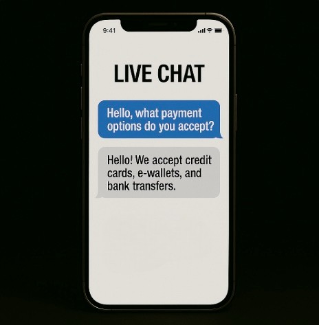 A black background with a mobile phone in the centre with a Live Chat conversation asking about payment options