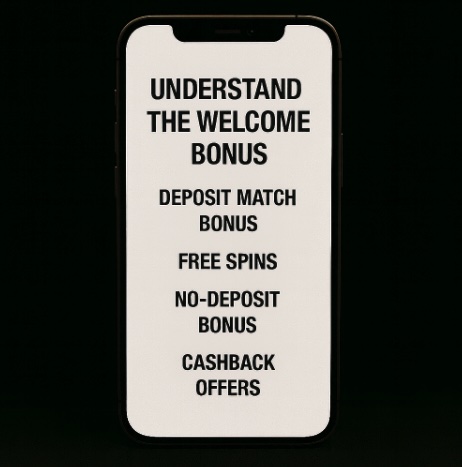 A black background with a mobile phone in the centre, in black text on the phone screen it outlines how to UNDERSTAND THE WELCOME BONUS and guidelines