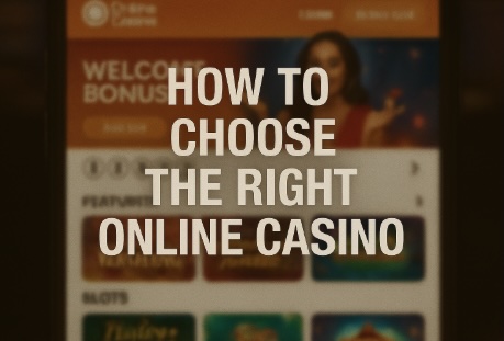 A black background with a mobile in the middle, on the mobile screen there is a background image of an online casino and white text in the middle says HOW TO CHOOSE THE RGHT ONLINE CASINO