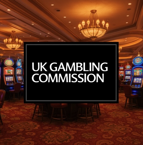 Set in a casino there is a room full of slot machines, in the centre there is a black sign with white text saying UK GAMBLING COMMISSION