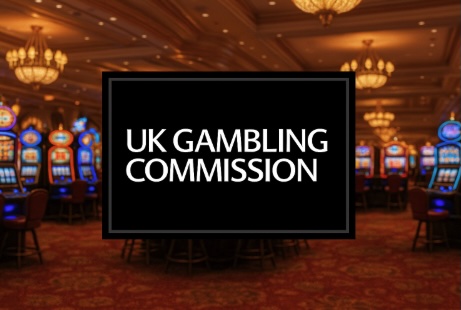 Set in a casino there is a room full of slot machines, in the centre there is a black sign with white text saying UK GAMBLING COMMISSION
