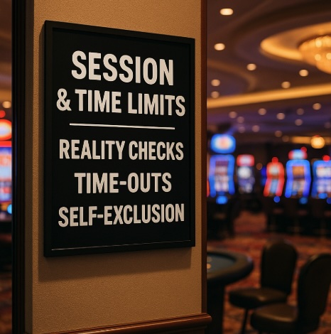 Set in a casino, a black sign on the wall with white writing saying SESSION & TIME OUT LIMITS, REALITY CHECKS, TIME-OUTS and SELF-EXCLUSION