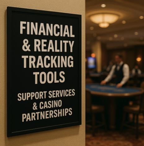 A casino setting with a black sign on a wall with white writing saying FINANCIAL & REALITY TRACKING TOOLS, SUPPORT SERVICES & CASINO PARTNERSHIPS