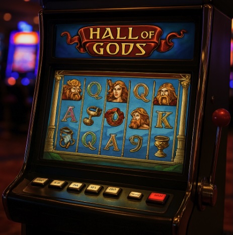 An image of a slot machine in a casino setting with the theme similar to Hall of Gods