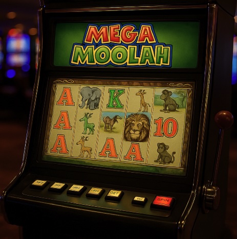 An image of a slot machine in a casino setting showing a game theme similar to Mega Moolah