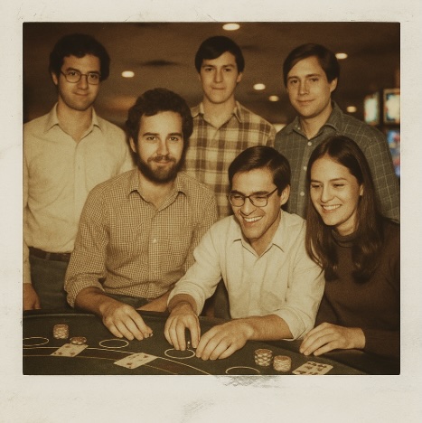 A sepia looking image of a group of students playing together at a live dealer table in a casino setting