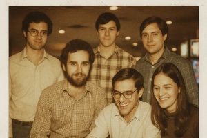 An old polaroid style image of men and women in a casino setting similar to the MIT Blackjack team from their era