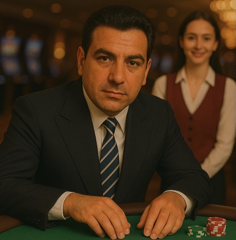 An image of a man wearing a dark suit with a blue and white striped tie and white shirt sitting at a games table in a casino