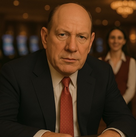 An image of a man weating a suit jacket, white shirt and red tie sitting in a casino