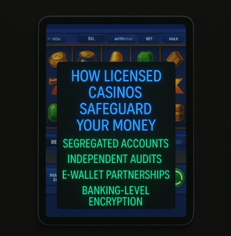An image of an ipad on a black background, on the ipad it shows an online casino background with a sign outlining HOW LICENSED CASINOS SAFEGUARD YOUR MONEY in neon text