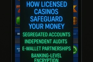 An image of an ipad on a black background, on the ipad it shows an online casino background with a sign outlining HOW LICENSED CASINOS SAFEGUARD YOUR MONEY in neon text