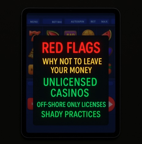 An image of an ipad on a black background, on the sceen in bold text it outlines RED FLAG reasons why not to leave your money in your account