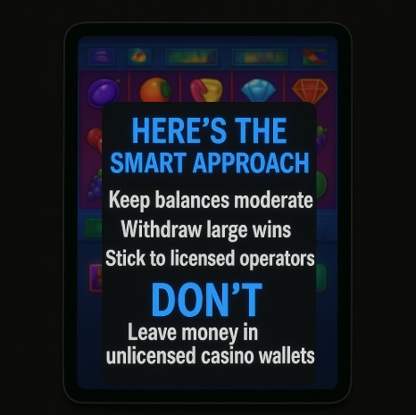 An image of an ipad on a black background, on the screen it outline the SMART APPROACH to leaving your money in an online casino wallet