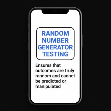An image of a mobile on a black background, on the screen it oultines why RNG testing is used for fairness