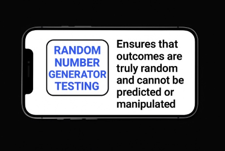 An image of a mobile on a black background, on the screen it oultines why RNG testing is used for fairness