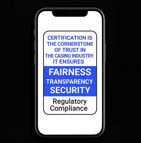 An image of a mobile on a black background, on the screen it oultines why certification is the cornerstone of trust in the casino industry and what it ensures in blue, white and black text