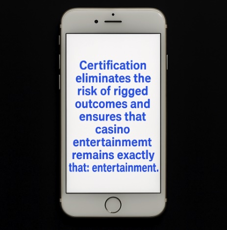 An image of a mobile phone on a black background, on the screen it outlines what certification eliminates and ensures in blue text