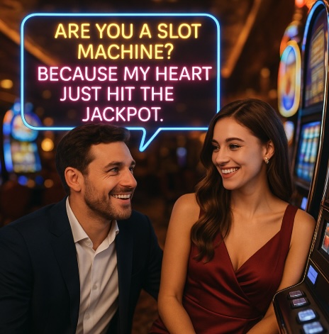 An image set in a casino of a man and woman sitting by a slot machine, above his head in a bubble it says "ARE YOU A SLOT MACHINE? BECAUSE MY HEART JUST HIT THE JACKPOT in neon text