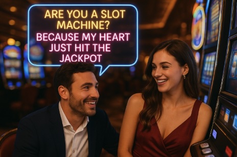 An image set in a casino of a man and woman sitting by a slot machine, above his head in a bubble it says "ARE YOU A SLOT MACHINE? BECAUSE MY HEART JUST HIT THE JACKPOT in neon text