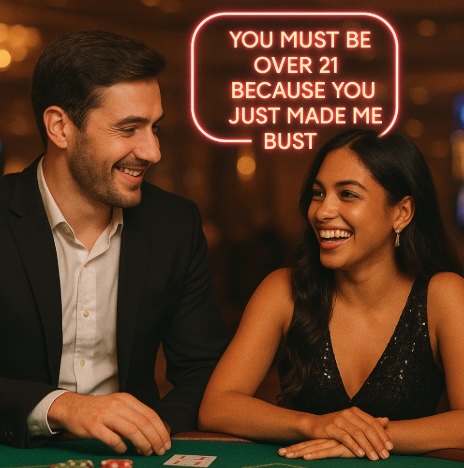 A couple sitting at a games table in a casino on a date, above the womans head in a thought bubble it says in neon red text YOU MUST BE OVER 21 BECAUSE YOU JUST MADE ME BUST