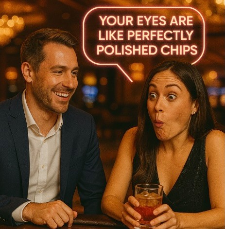 A man and woman sitting in a casino setting, she is enjoying a drink at the bar and he has paid her a compliment resulting in her nearly spitting out her drink