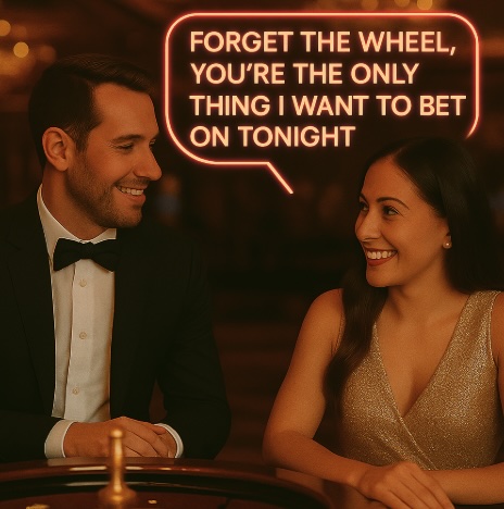 A man and woman sitting by a roulette wheel in a casino, above their heads is a thought bubble saying FORGET THE WHEEL, YOU'RE THE ONLY THING I WANT TOT BET ON TONIGHT in red neon text