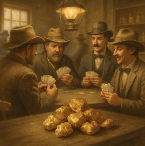 A group of men in an old fashioned style setting in a saloon playing cards with a stack of golden nuggets on the table next to them