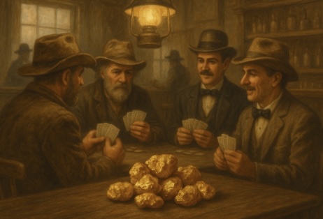 A group of men in an old fashioned style setting in a saloon playing cards with a stack of golden nuggets on the table next to them