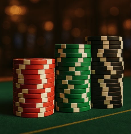 A close up image of red, green and black poker chips stacked on a games table in a casino setting