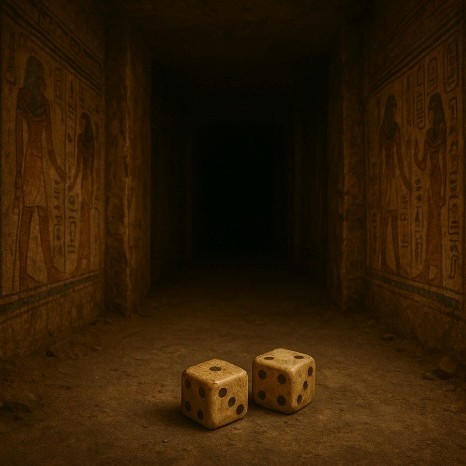 An image of old bone looking dice on the floor in what looks like an egyptian tomb