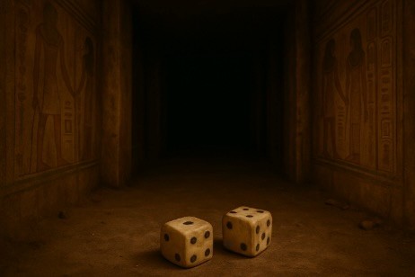 An image of old bone looking dice on the floor in what looks like an egyptian tomb