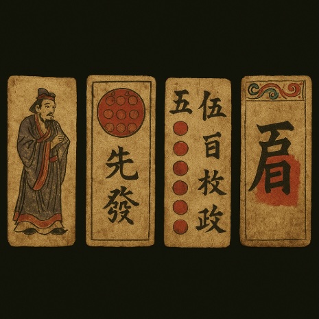 An image of a black background with 4 objects similar to 9th century chinese playing cards across it