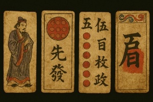 An image of a black background with 4 objects similar to 9th century chinese playing cards across it