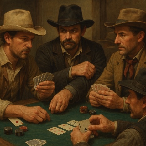 A group of wild west card players sitting around looking at a player who has an ace card that has fallen out of his sleeve