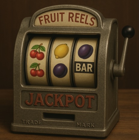 An image of a fruit machine with cherries, lemons, plums and bar symbols across the reels 