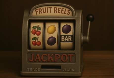 An image of a fruit machine with cherries, lemons, plums and bar symbols across the reels 
