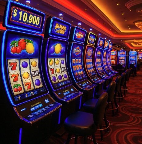 A room full of un and vibrant modern slot machines in a casino setting