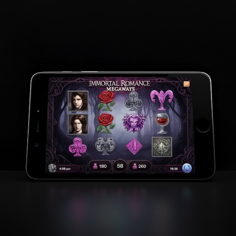 An image of a mobile phone with an online slot machine on the screen similar to Immortal Romance