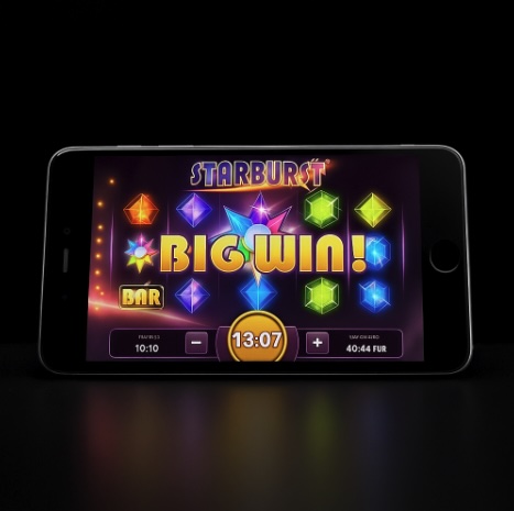 An image of a mobile phone on a dark background with an online slot game on the screen similar to STARBURST
