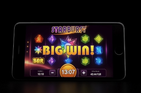 An image of a mobile phone on a dark background with a mobile in the middle showing an online slot game similar to STARBURST