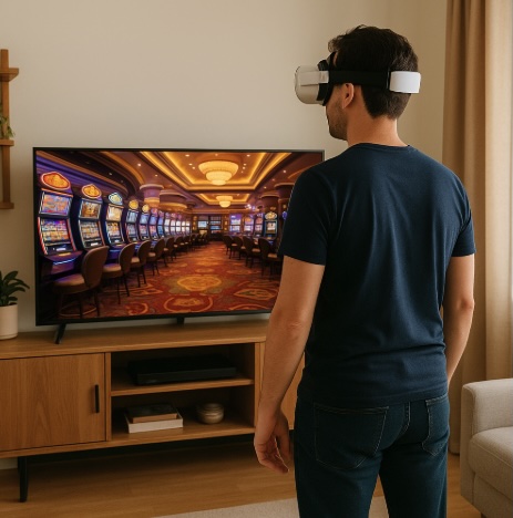 An image of a man standing in his lounge room wearing a VR headset, the screen on the tv shows the inside of a casino the same as the man can see in his headset