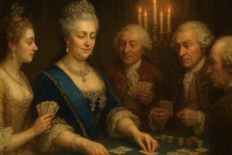 An old fashioned image of a female royal gambler playing at a cards table surrounded by guests
