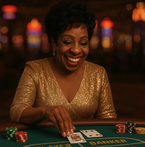 An image of a woman of colour playing at a cards table in a casino setting