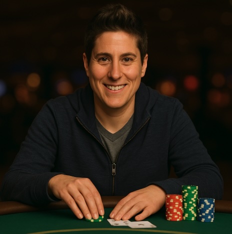 An image of a woman sitting at a live dealer table in a casino setting with stacks of poker chips stacked next to her