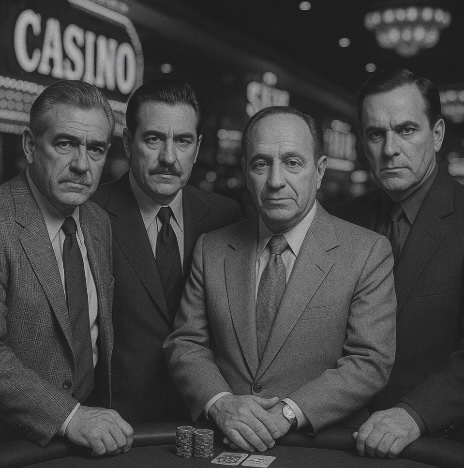 A black and white image of a group of men similar to the mob dressed in suits in a casino setting