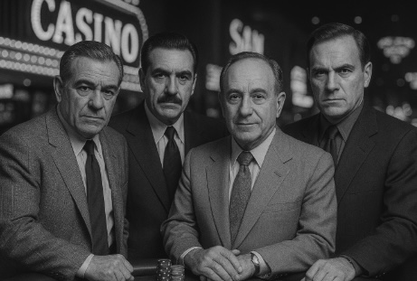 A black and white image of a group of men similar to the mob dressed in suits in a casino setting
